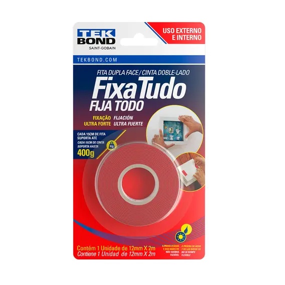 FITA DUPLA FACE 12MMX2M VERMELHA TRANSPARENTE TEKBOND