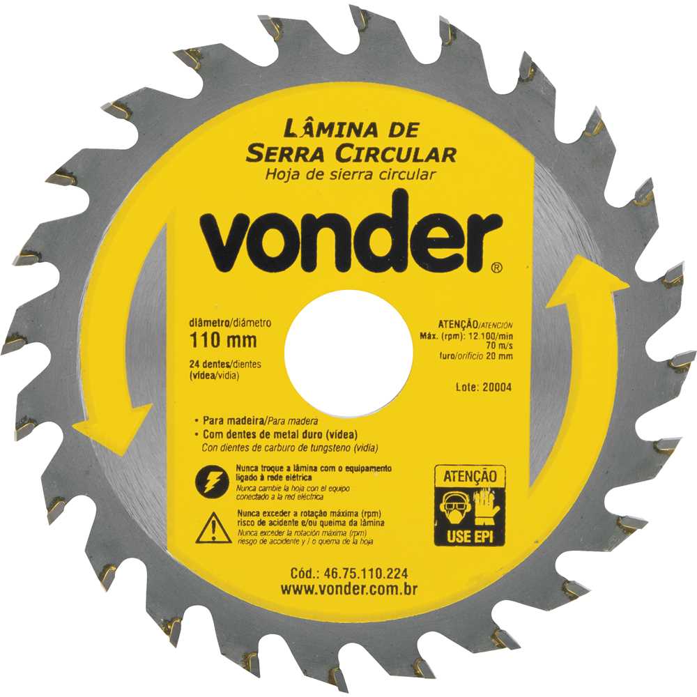 DISCO PARA SERRA CIRCULAR COM VID 110MM 24 DENTES VONDER