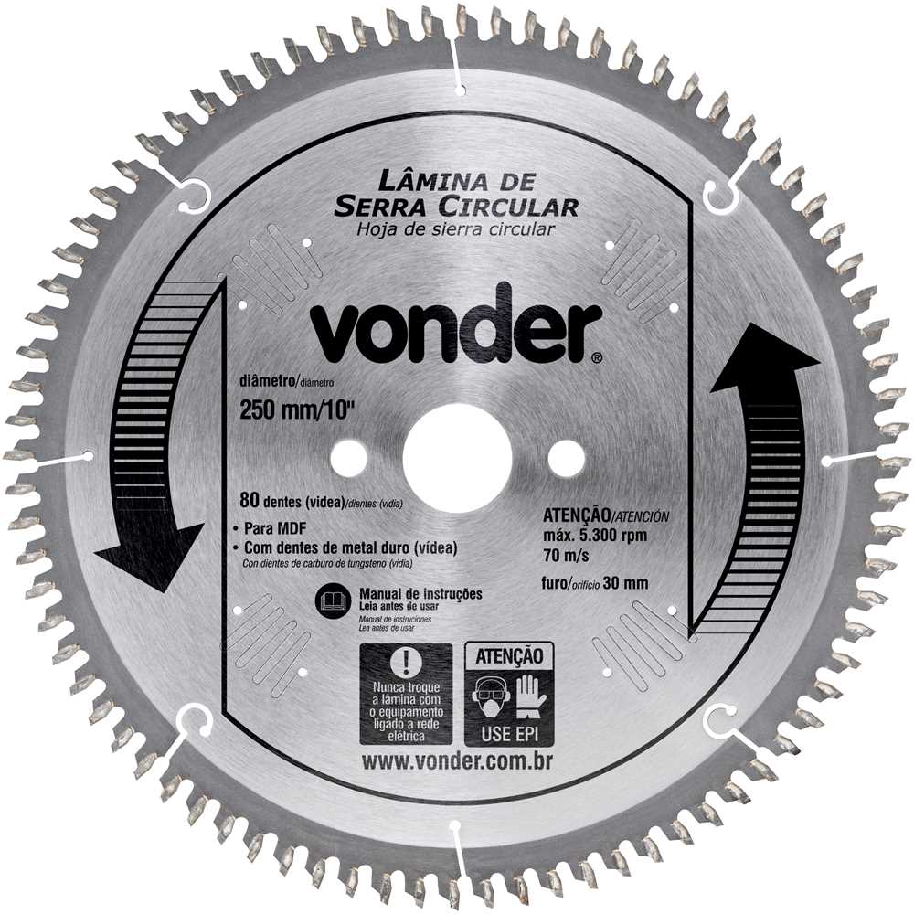 DISCO PARA SERRA CIRCULAR COM VID 250MM 80 DENTES MDF VONDER