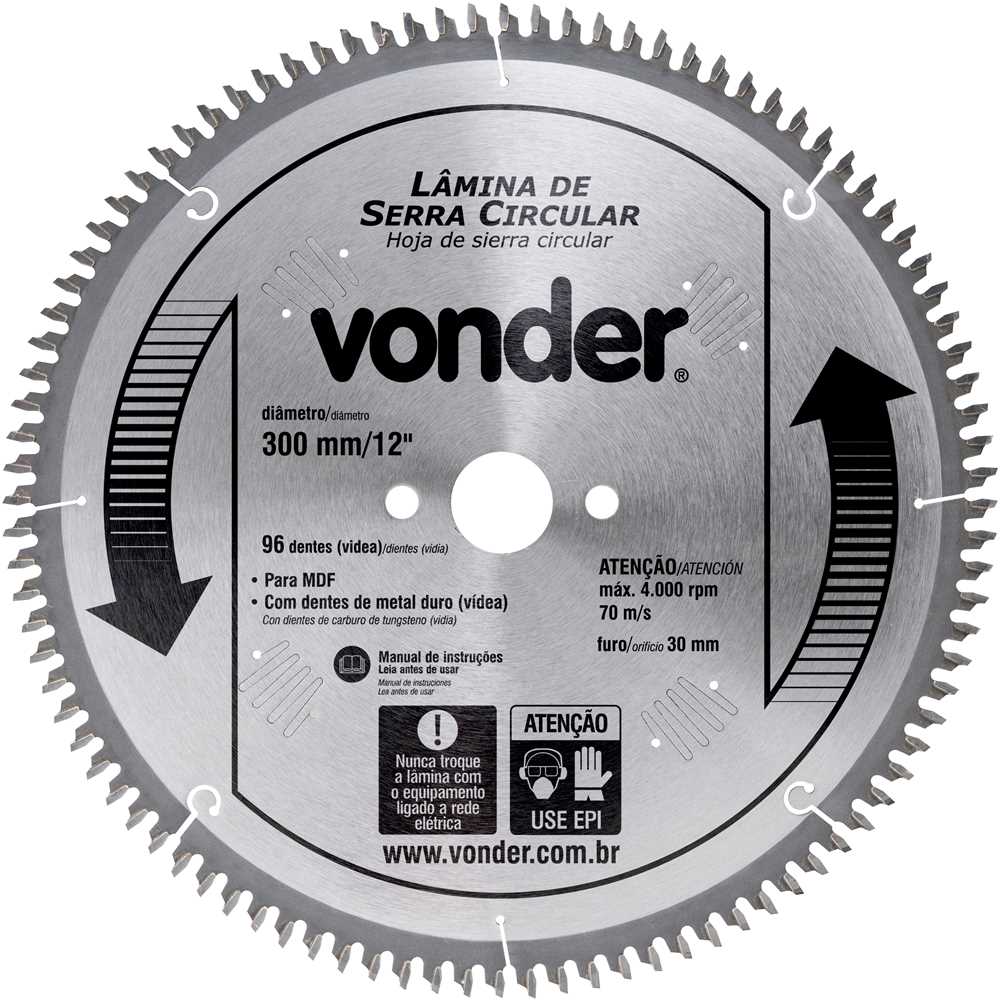 DISCO PARA SERRA CIRCULAR COM VID 300MM 96 DENTES MDF VONDER
