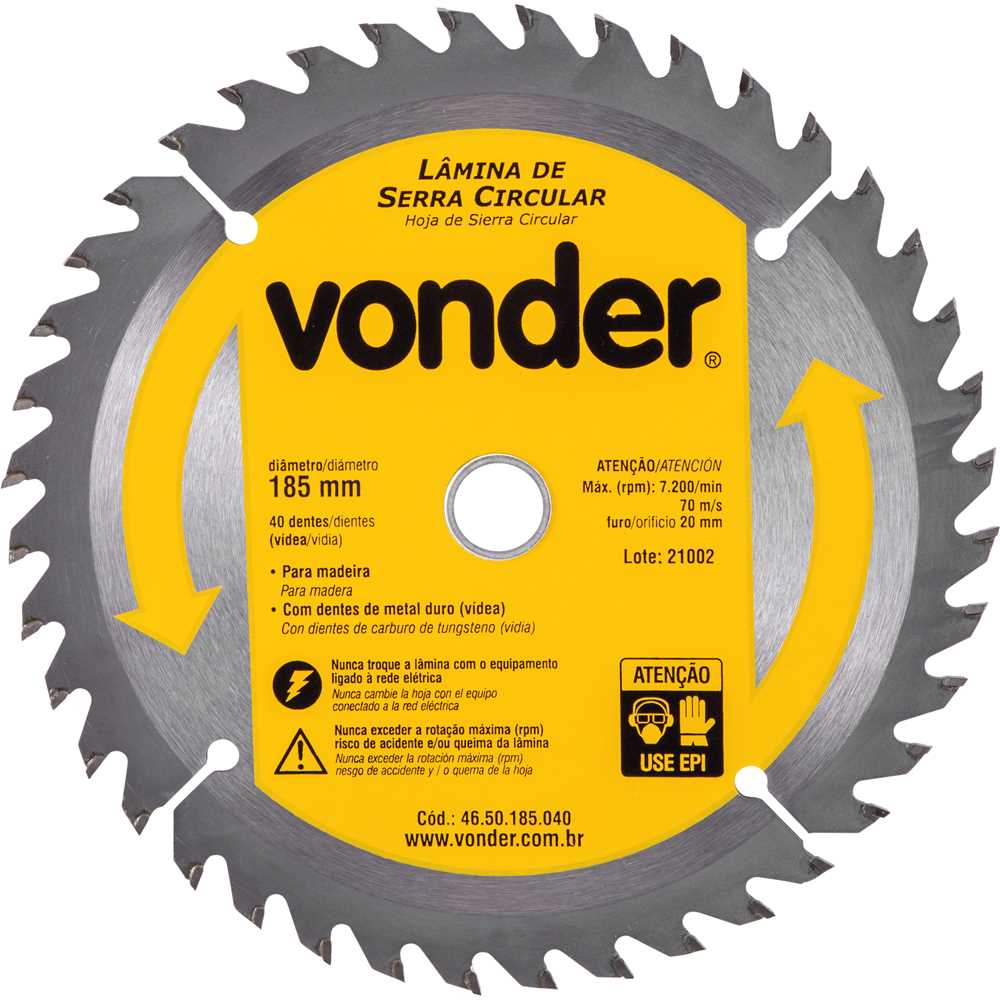 DISCO PARA SERRA CIRCULAR COM VID 180MM 40 DENTES VONDER