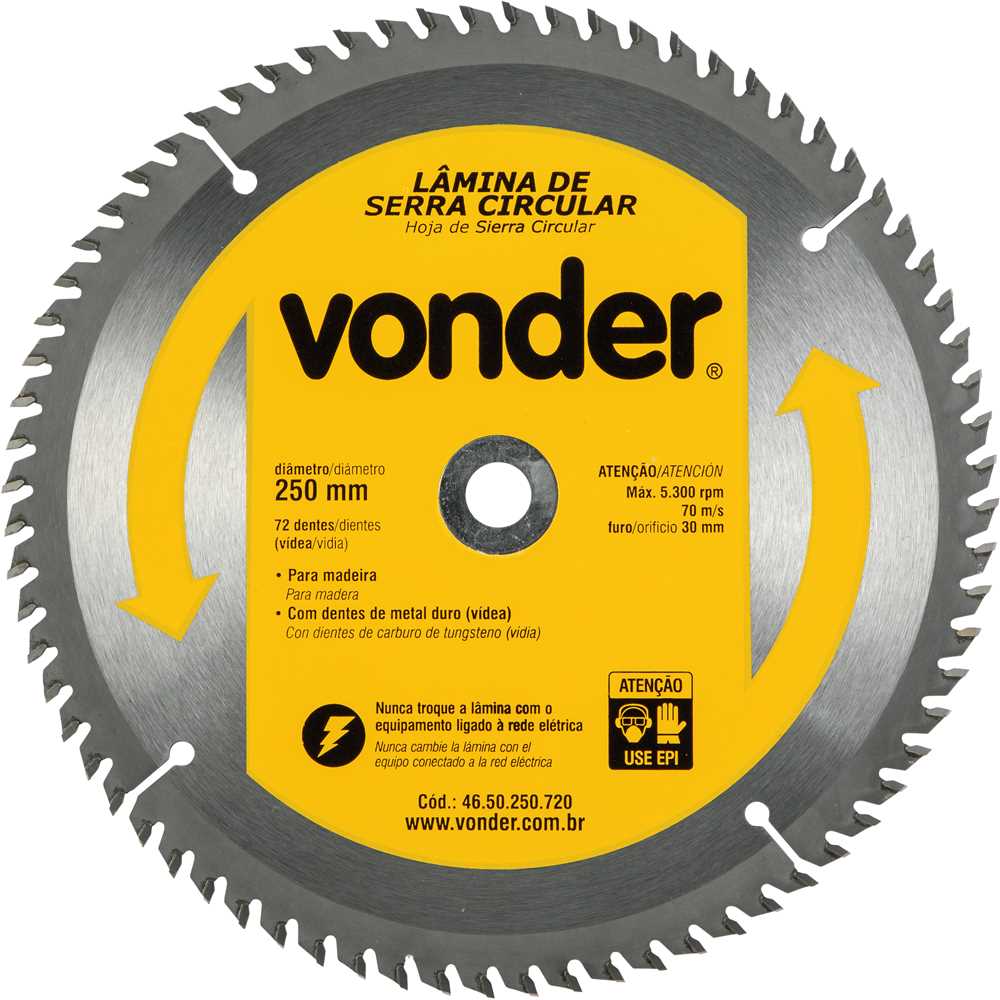DISCO PARA SERRA CIRCULAR COM VID 250MM 72 DENTES VONDER