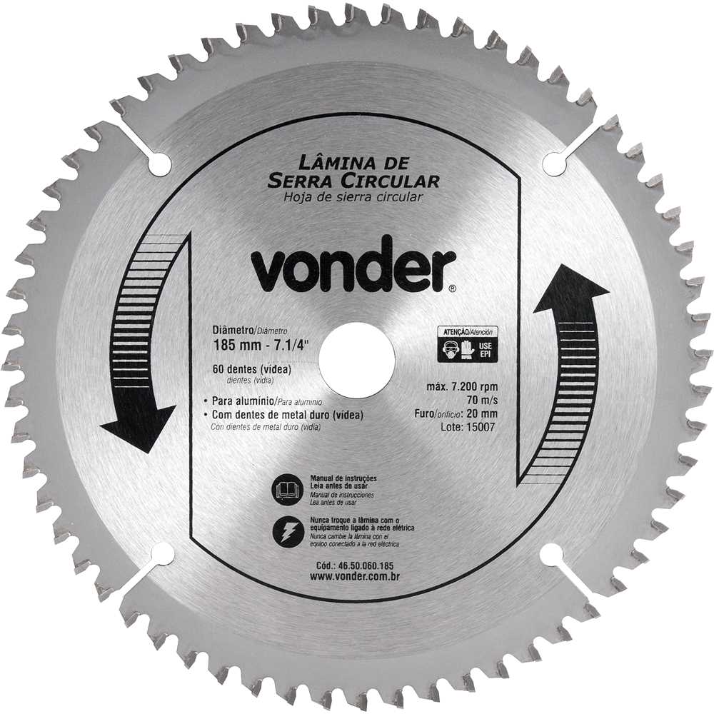 DISCO PARA SERRA CIRCULAR COM VID PARA ALUMINIO 180MM 60 DENTES MULT VONDER