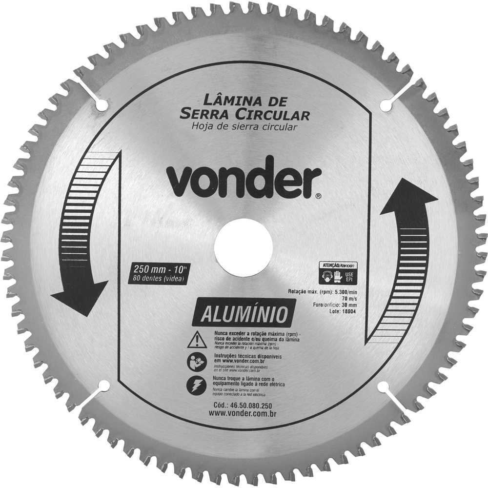 DISCO PARA SERRA CIRCULAR COM VID PARA ALUMINIO 250MM 80 DENTES MULT VONDER