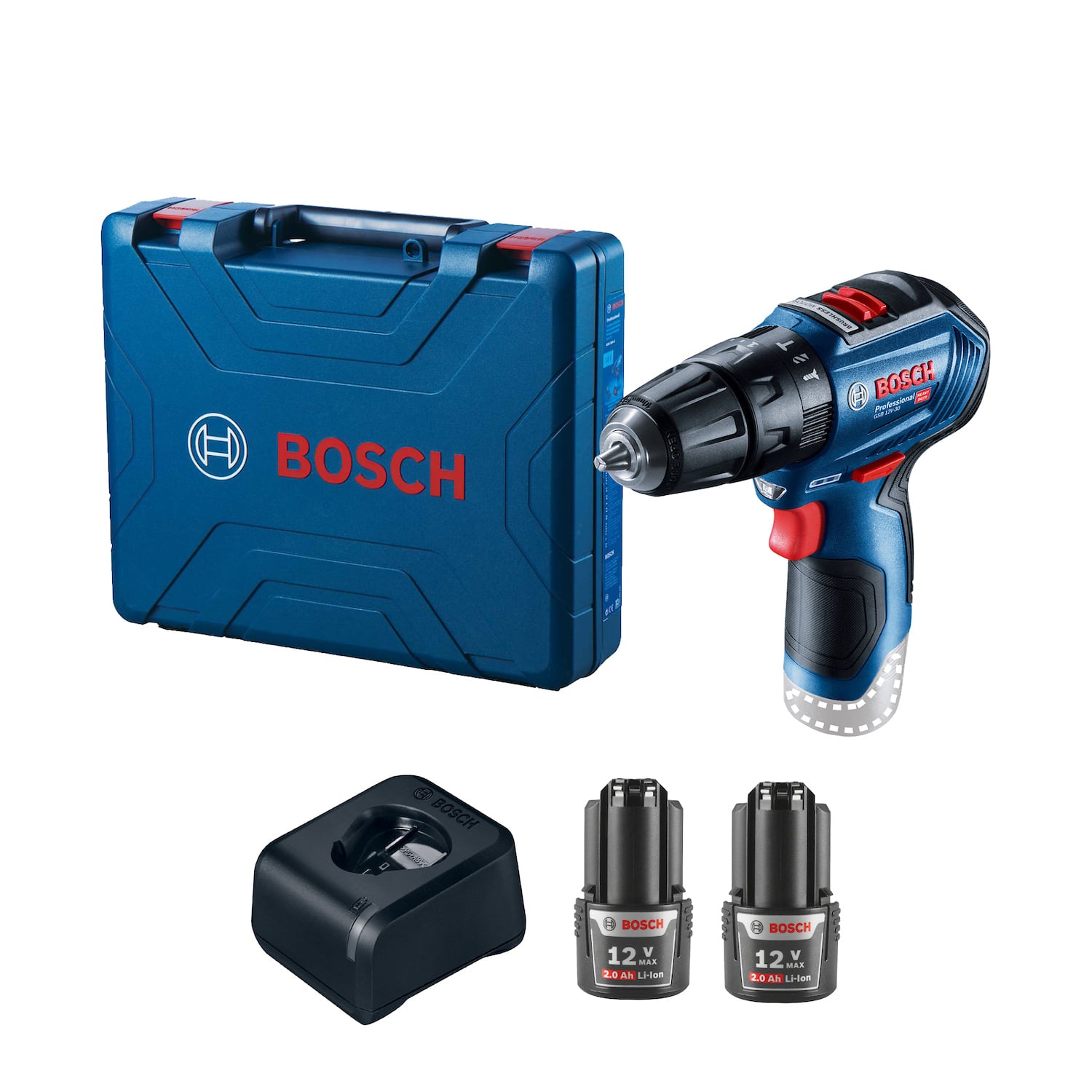 PARAFUSADEIRA E FURADEIRA DE IMPACTO A BATERIA 12V GSB12-V30 COM 2 BATERIAS BIVOLT BOSCH