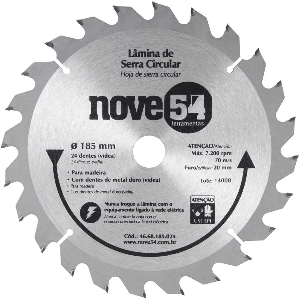 DISCO PARA SERRA CIRCULAR COM VID 180MM 24 DENTES NOVE54