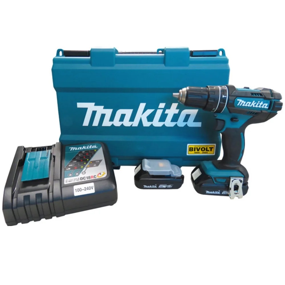 PARAFUSADEIRA E FURADEIRA DE IMPACTO A BATERIA 18V DHP482RAE COM 2 BATERIAS CARREGAVEIS MAKITA