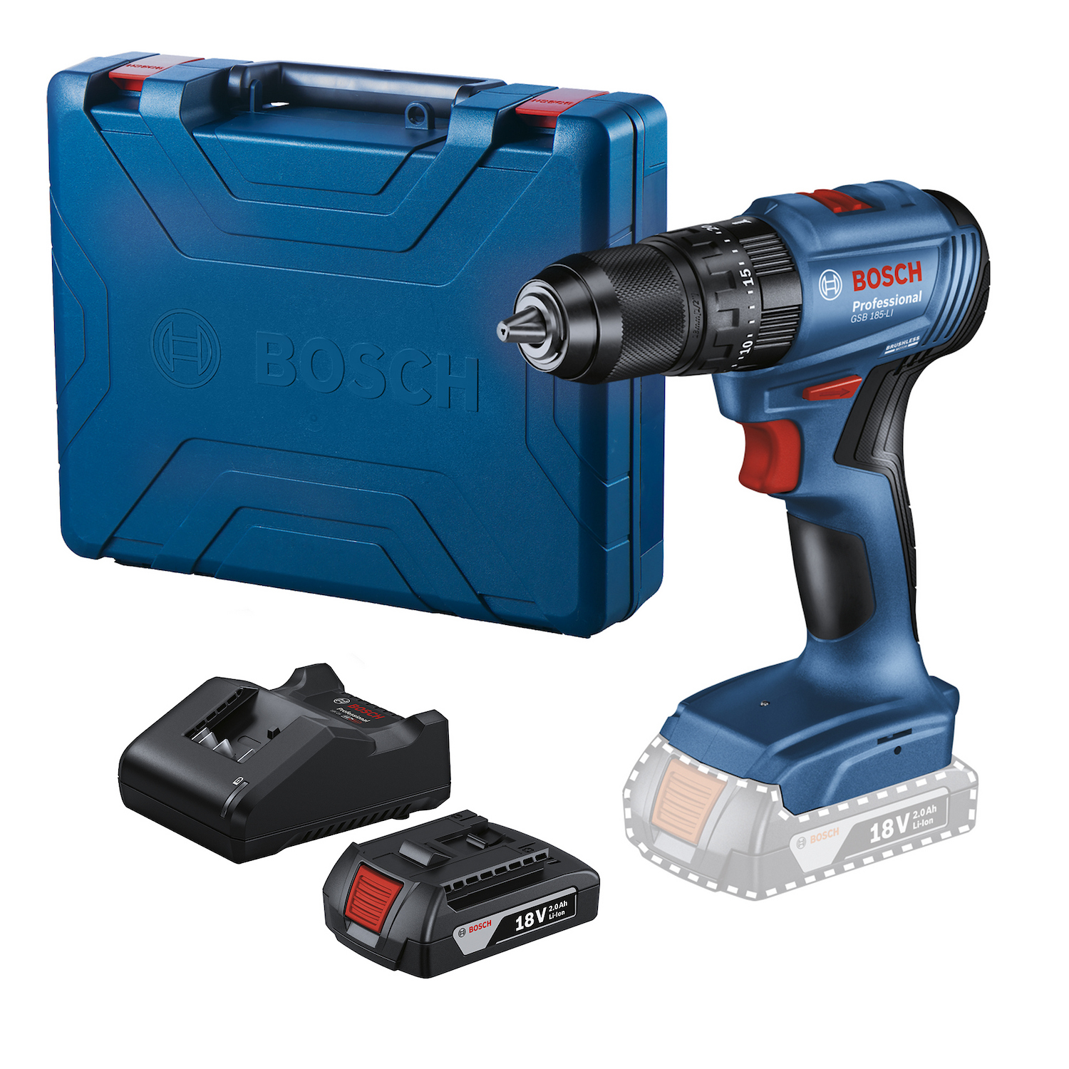 PARAFUSADEIRA E FURADEIRA DE IMPACTO A BATERIA 18V GSB185-LI COM 1 BATERIA CARREGAVKW BOSCH
