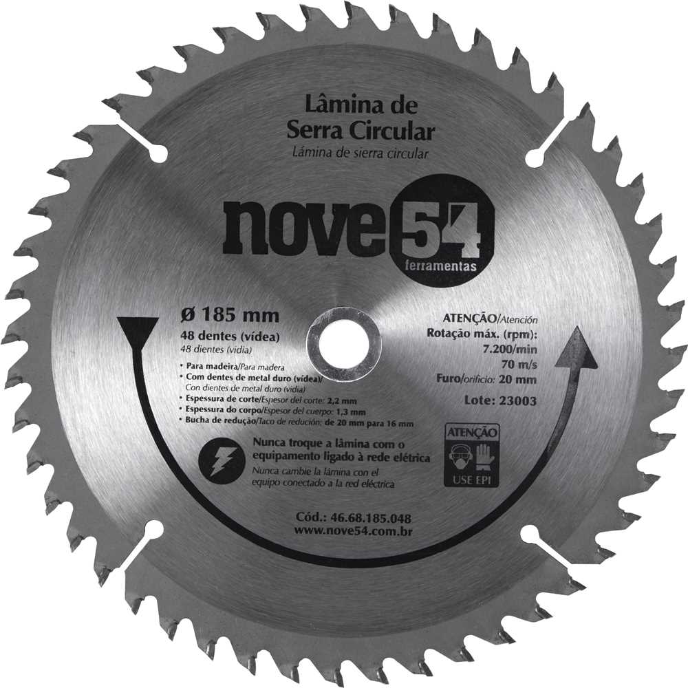 DISCO PARA SERRA CIRCULAR COM VID 185MM 48 DENTES NOVE54