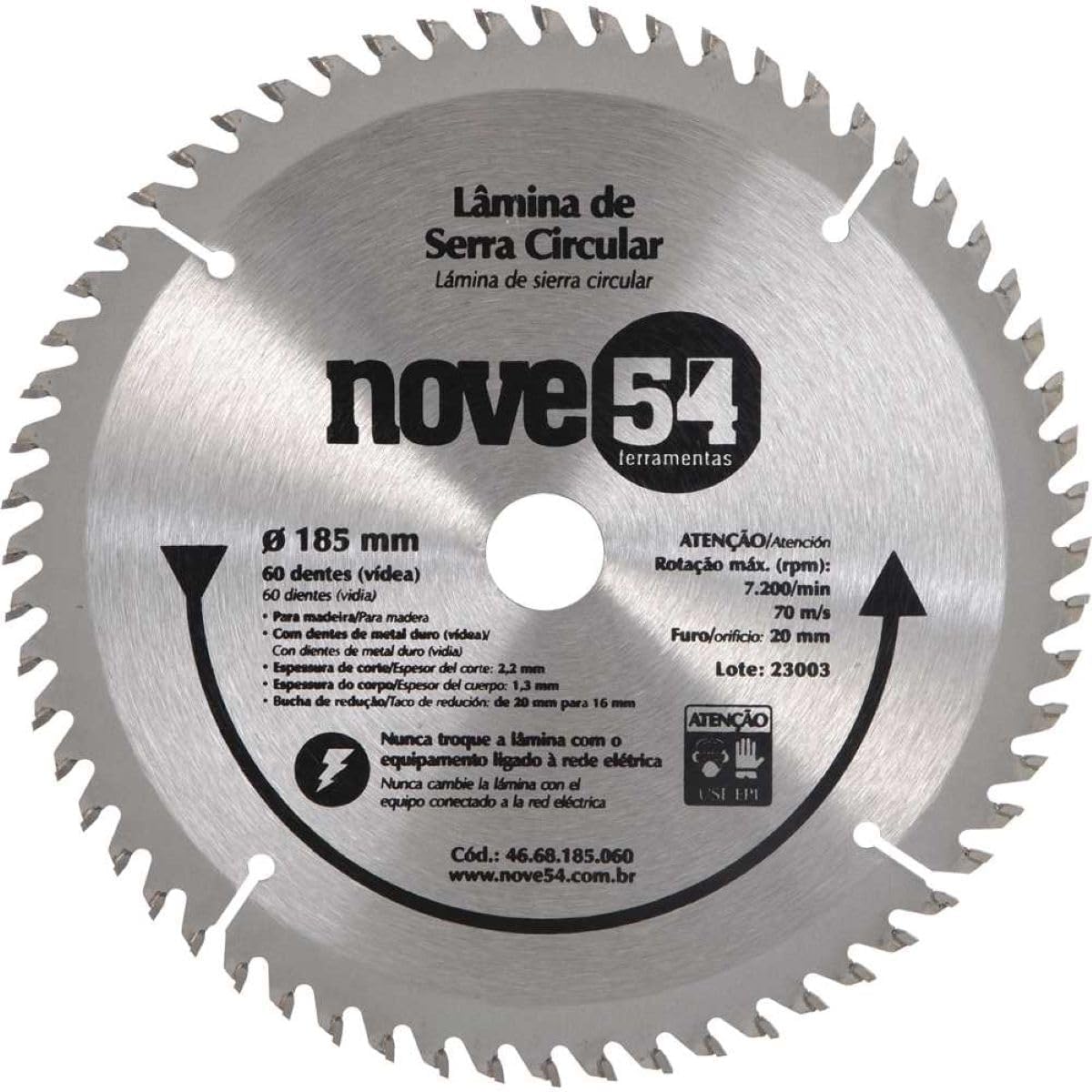 DISCO PARA SERRA CIRCULAR COM VID 185MM 60 DENTES NOVE54