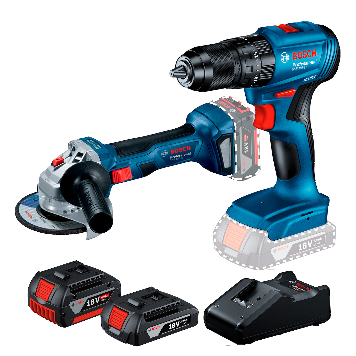 PARAFUSADEIRA E ESMERILHADEIRA A BATERIA 18V GSB 185LI+GWS 180LI 2 BATERIAS BOSCH