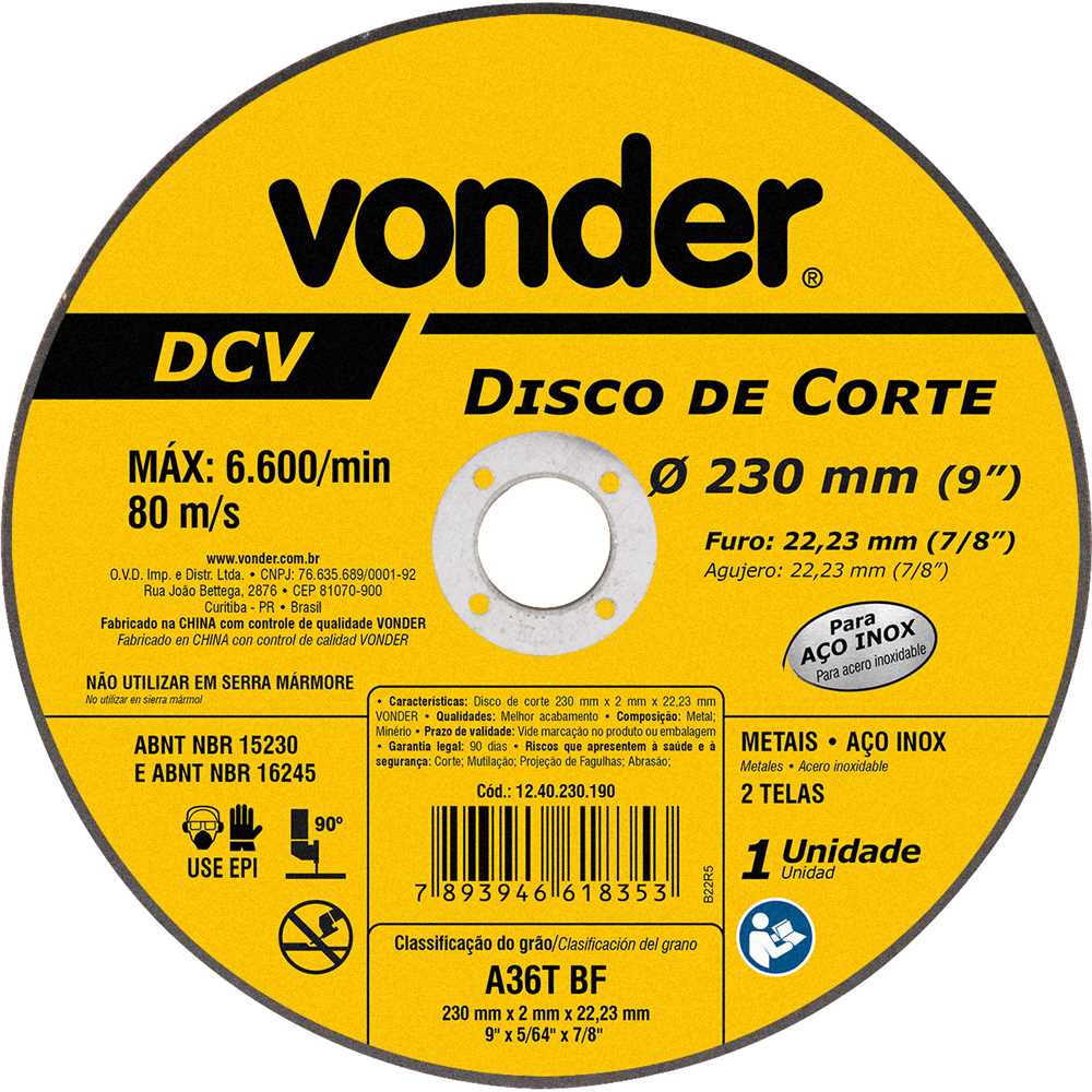 DISCO DE CORTE 230X2,0MM 9X5/64 DCV VONDER