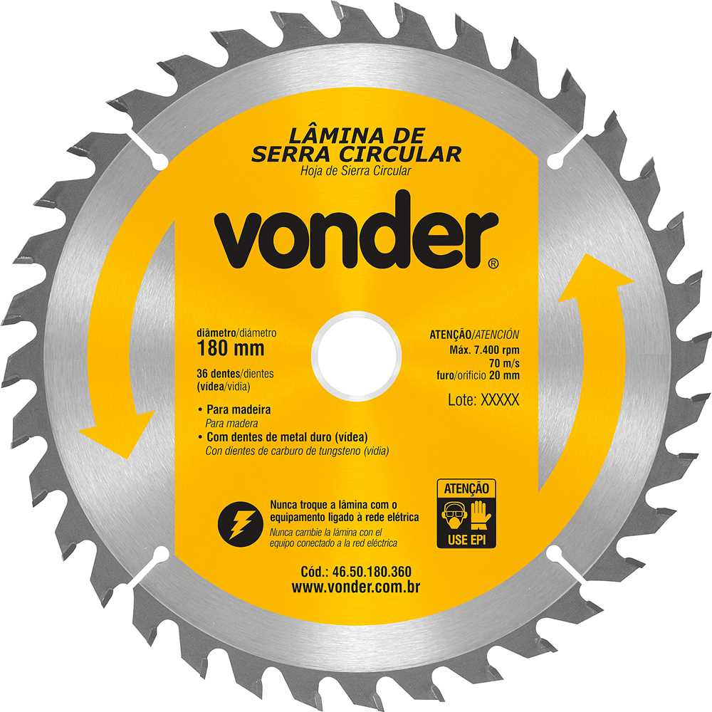 DISCO PARA SERRA CIRCULAR COM VIDEA 180MM 36 DENTES VONDER