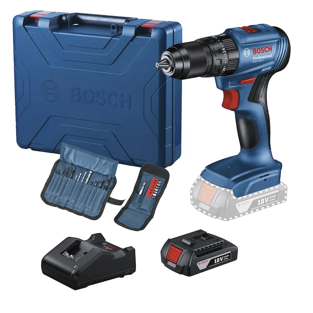 PARAFUSADEIRA E FURADEIRA DE IMPACTO A BATERIA 18V GSB185-LI COM BATERIA E CARREGADOR 23 PECAS BOSCH