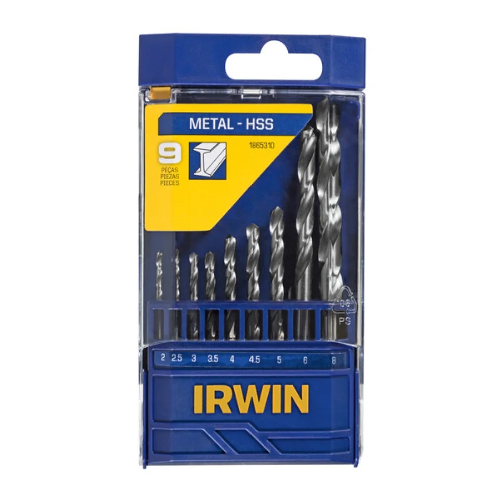 JOGO DE BROCA AÇO RAPIDO 2 A 8MM COM 9 PEÇAS BLISTER IRWIN